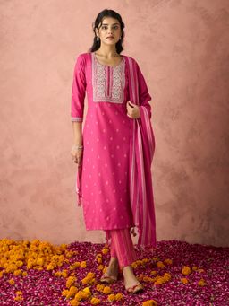 HRITIKA - Women Pink Embroidered Kurta with Pant and Dupatta
