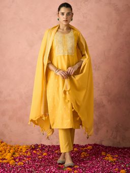 HRITIKA - Women Yellow Embroidered Kurta with Pant and Dupatta