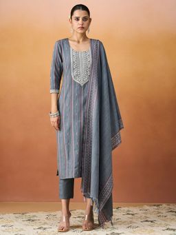 HRITIKA - Women Grey Embroidered Kurta with Pant and Dupatta