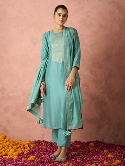 HRITIKA - Women Teal Woven Kurta with Pant and Dupatta