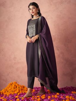 HRITIKA - Women Purple Woven Kurta with Pant and Dupatta