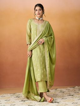 HRITIKA - Women Green Woven Kurta with Pant and Dupatta