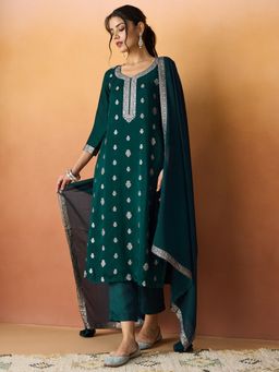 HRITIKA - Women Teal Woven Kurta with Pant and Dupatta