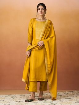 HRITIKA - Women Yellow Woven Kurta with Pant and Dupatta