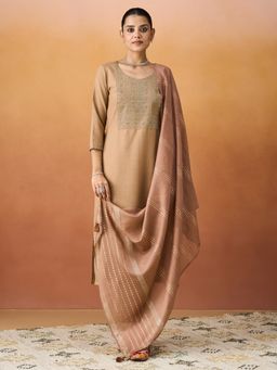 HRITIKA - Women Beige Embroidered Kurta with Pant and Dupatta