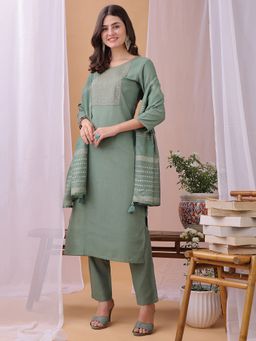 HRITIKA - Women Green Embroidered Kurta with Pant and Dupatta