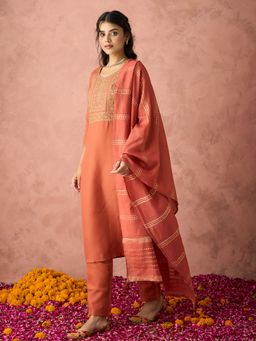 HRITIKA - Women Rust Embroidered Kurta with Pant and Dupatta