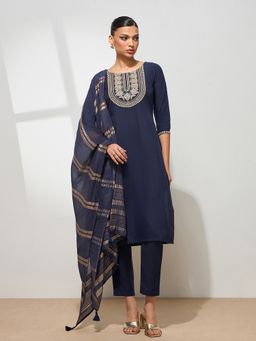 HRITIKA - Women Navy Blue Embroidered Kurta with Pant and Dupatta