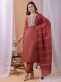 HRITIKA - Women Rust Embroidered Kurta with Pant and Dupatta