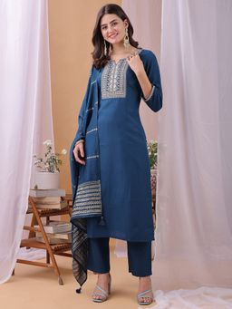 HRITIKA - Women Teal Embroidered Kurta with Pant and Dupatta
