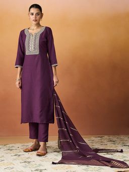 HRITIKA - Women Burgundy Embroidered Kurta with Pant and Dupatta