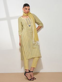 HRITIKA - Women Yellow Woven Kurta with Pant and Dupatta