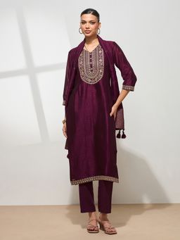 HRITIKA - Women Wine Embroidered Kurta with Pant and Dupatta