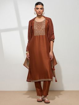 HRITIKA - Women Rust Embroidered Kurta with Pant and Dupatta