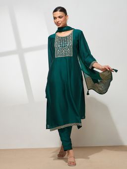 HRITIKA - Women Teal Embroidered Kurta with Pant and Dupatta
