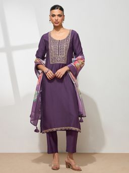 HRITIKA - Women Lavender Embroidered Kurta with Pant and Dupatta