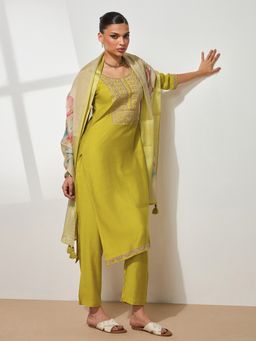 HRITIKA - Women Yellow Embroidered Kurta with Pant and Dupatta