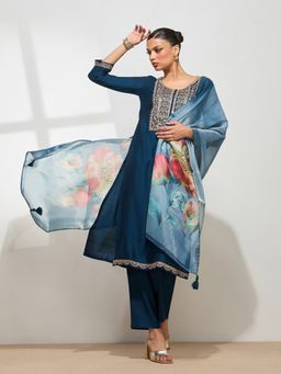 HRITIKA - Women Teal Embroidered Kurta with Pant and Dupatta