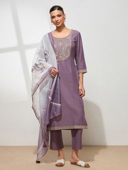 HRITIKA - Women Lavender Embroidered Kurta with Pant and Dupatta