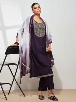 HRITIKA - Women Purple Embroidered Kurta with Pant and Dupatta