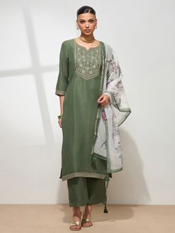 HRITIKA - Women Olive Embroidered Kurta with Pant and Dupatta