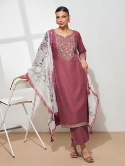 HRITIKA - Women Pink Embroidered Kurta with Pant and Dupatta