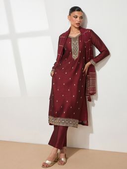 HRITIKA - Women Burgundy Embroidered Kurta with Pant and Dupatta