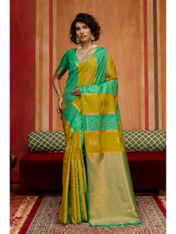 Mysilklove - Pesto Green Banarasi Handloom Patola Saree with Unstitched Blouse