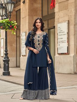JATRIQQ - Women Navy Blue Embroidered Top with Sharara