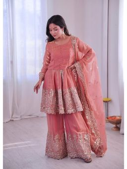 JATRIQQ - Women Peach Embroidered Top with Sharara