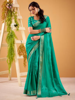 Akhilam - Women Georgette Teal Green Woven Designer Saree with Unstitched Blouse