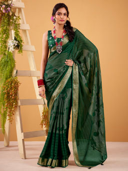 Akhilam - Women Georgette Green Woven Designer Saree with Unstitched Blouse