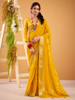 Akhilam - Women Georgette Yellow Woven Designer Saree with Unstitched Blouse