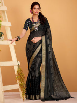 Akhilam - Women Georgette Black Woven Designer Saree with Unstitched Blouse