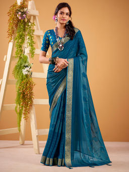 Akhilam - Women Georgette Blue Woven Designer Saree with Unstitched Blouse