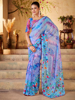 Akhilam - Women Georgette Purple Printed Designer Saree with Unstitched Blouse