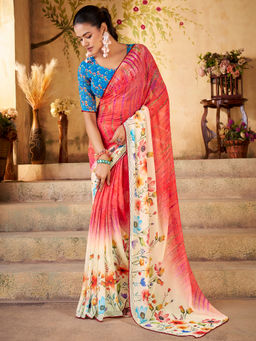 Akhilam - Women Georgette Pink Printed Designer Saree with Unstitched Blouse