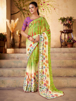 Akhilam - Women Georgette Light Green Printed Designer Saree with Unstitched Blouse