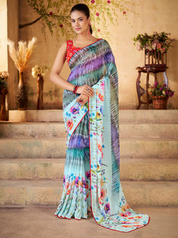 Akhilam - Women Georgette Multicolored Printed Designer Saree with Unstitched Blouse