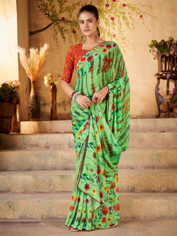 Akhilam - Women Georgette Green Printed Designer Saree with Unstitched Blouse