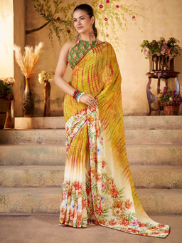 Akhilam - Women Georgette Mustard Printed Designer Saree with Unstitched Blouse
