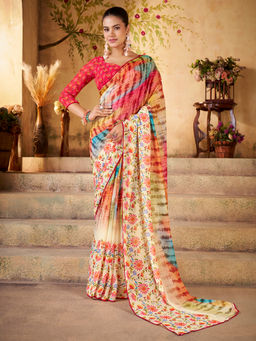 Akhilam - Women Georgette Multicolored Printed Designer Saree with Unstitched Blouse