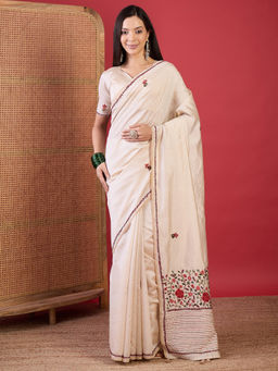 Akhilam - Women Tussar Silk Cream Embroidered Designer Saree with Unstitched Blouse