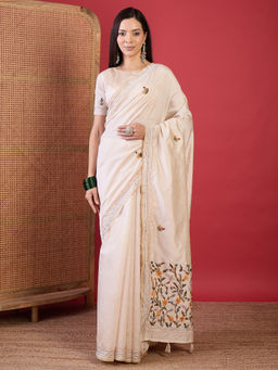 Akhilam - Women Tussar Silk Cream Embroidered Designer Saree with Unstitched Blouse