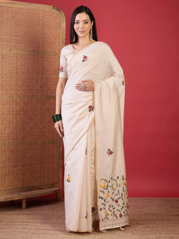 Akhilam - Women Tussar Silk Cream Embroidered Designer Saree with Unstitched Blouse