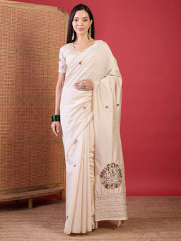 Akhilam - Women Tussar Silk Cream Embroidered Designer Saree with Unstitched Blouse
