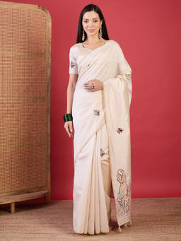 Akhilam - Women Tussar Silk Cream Embroidered Designer Saree with Unstitched Blouse