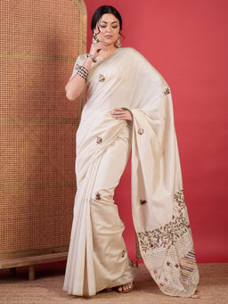 Akhilam - Women Tussar Silk Cream Embroidered Designer Saree with Unstitched Blouse