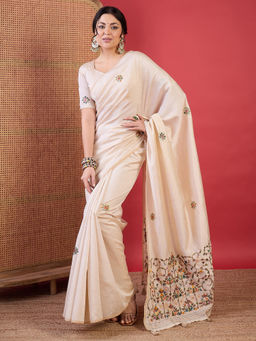 Akhilam - Women Tussar Silk Cream Embroidered Designer Saree with Unstitched Blouse