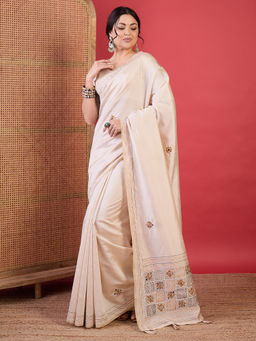 Akhilam - Women Tussar Silk Cream Embroidered Designer Saree with Unstitched Blouse